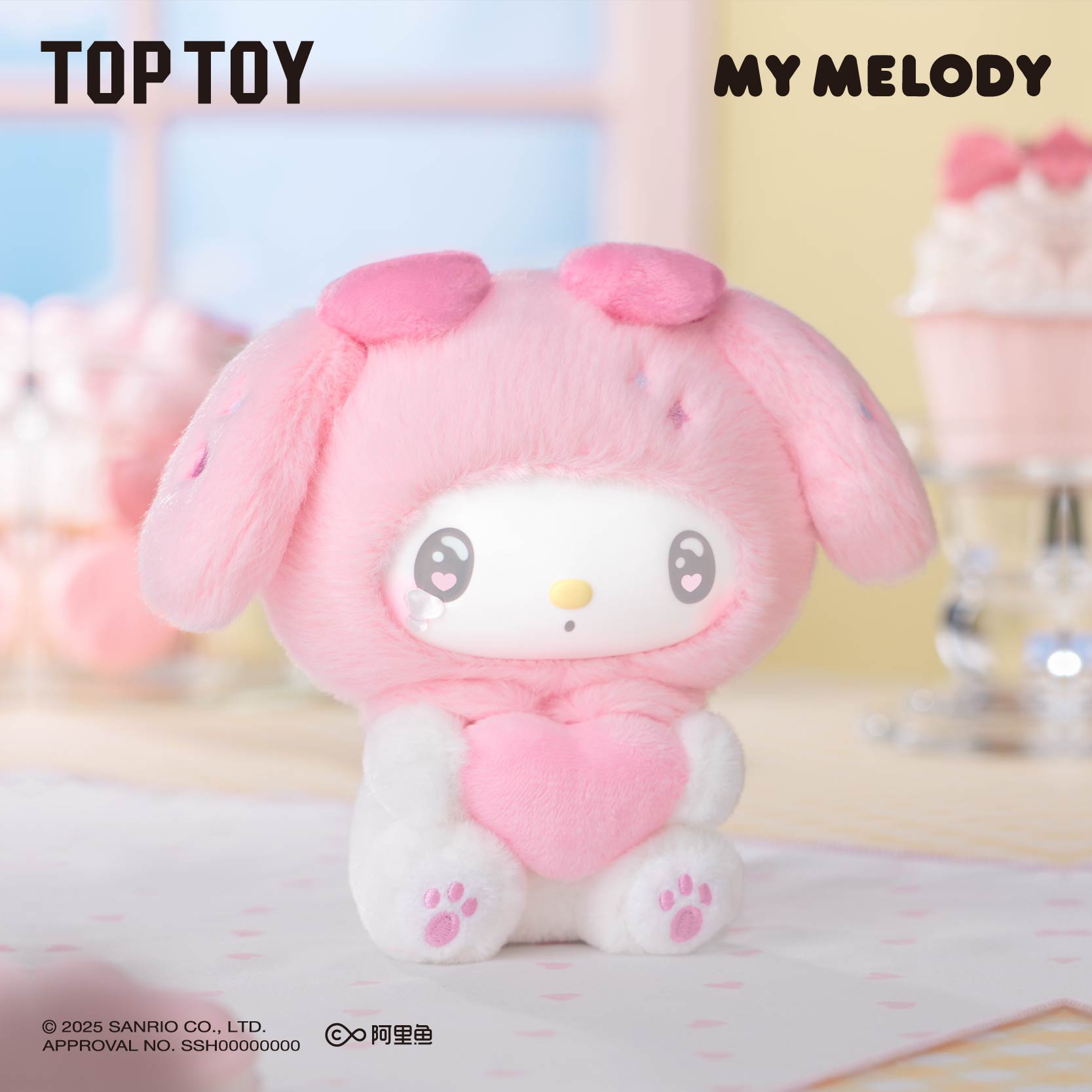 A plush toy of TOPTOY My Melody character from Sanrio, wearing a pink outfit with bunny ears, holding a pink heart, seated on a surface with a cake in the background.