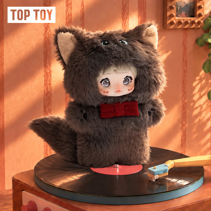 Nommi × Disney Dreamy Cat Tales cat plush doll with red bowtie on a record player