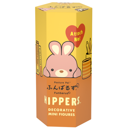 Posture Pal Hipper product box shows pink Rabbit Posture Pal Hipper product on yellow and orange box. Text reads "Posture Pal, Funbarus, Hippers Decorative Mini Figures" with desk supply images on either side of main image. A red heart contains yellow text which reads "Attach me!" 