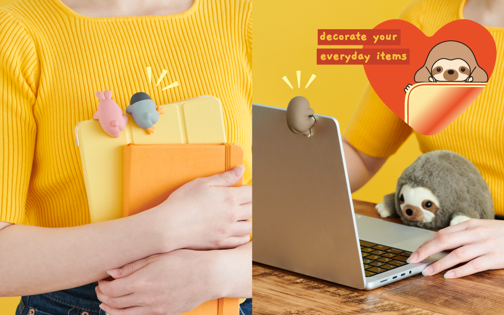 L: Figure in a bright yellow shirt and jeans holds notebook and closed laptop. Pink Rabbit Posture Pal Hipper, and Penguin Posture Pal Hipper sit atop yellow laptop case facing away. Right side: Figure sits at wooden desk with Sloth plush Posture Pal in their lap, in front of an open laptop computer, the back of the Sloth Posture Pal Hipper is shown with radiating lines from his head. Overlaid image is a heart with the Sloth Posture Pal Hipper and text states "decorate your everyday items!" 
